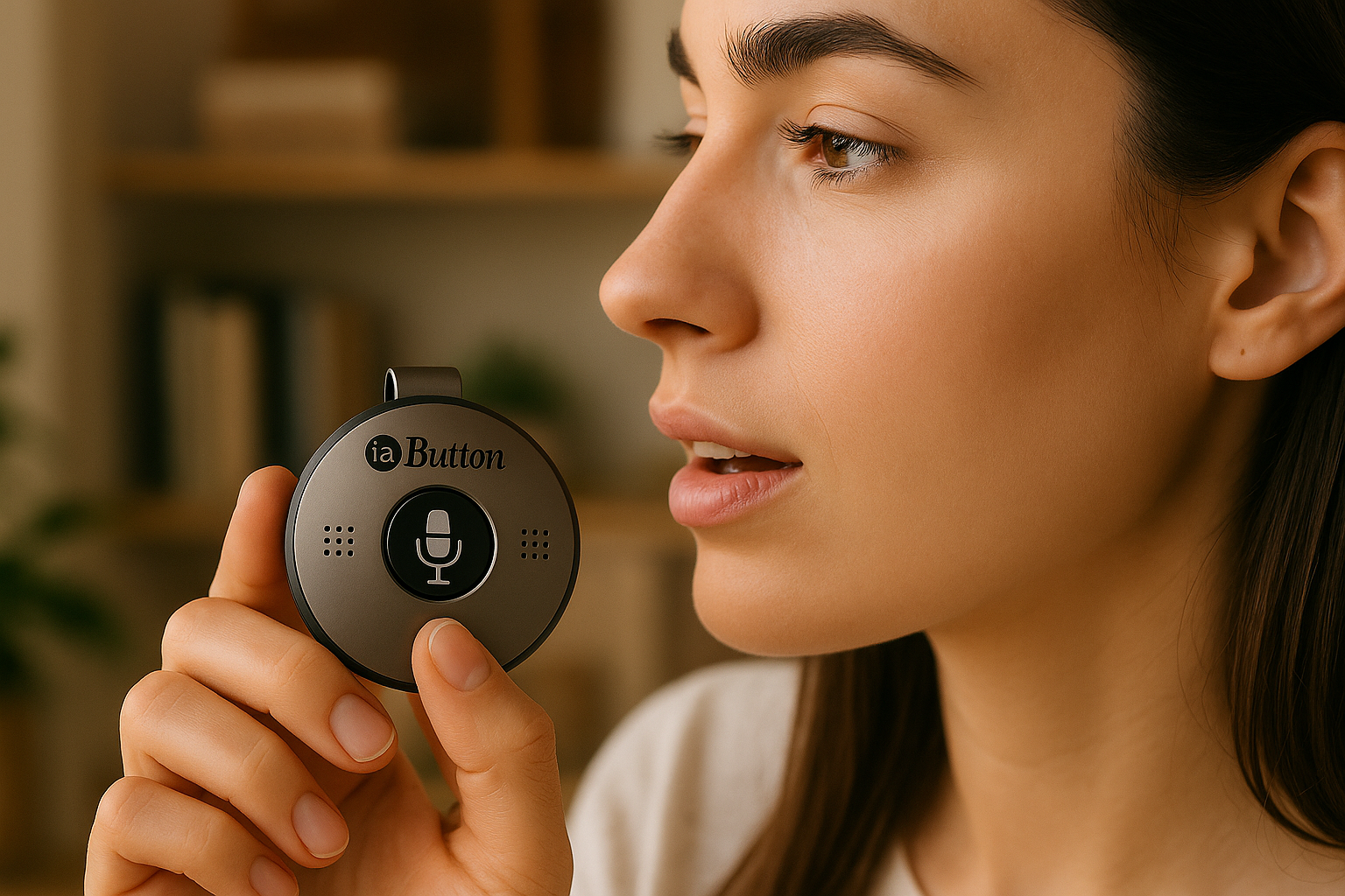 En casa: mujer usando IA Button para gestionar su agenda